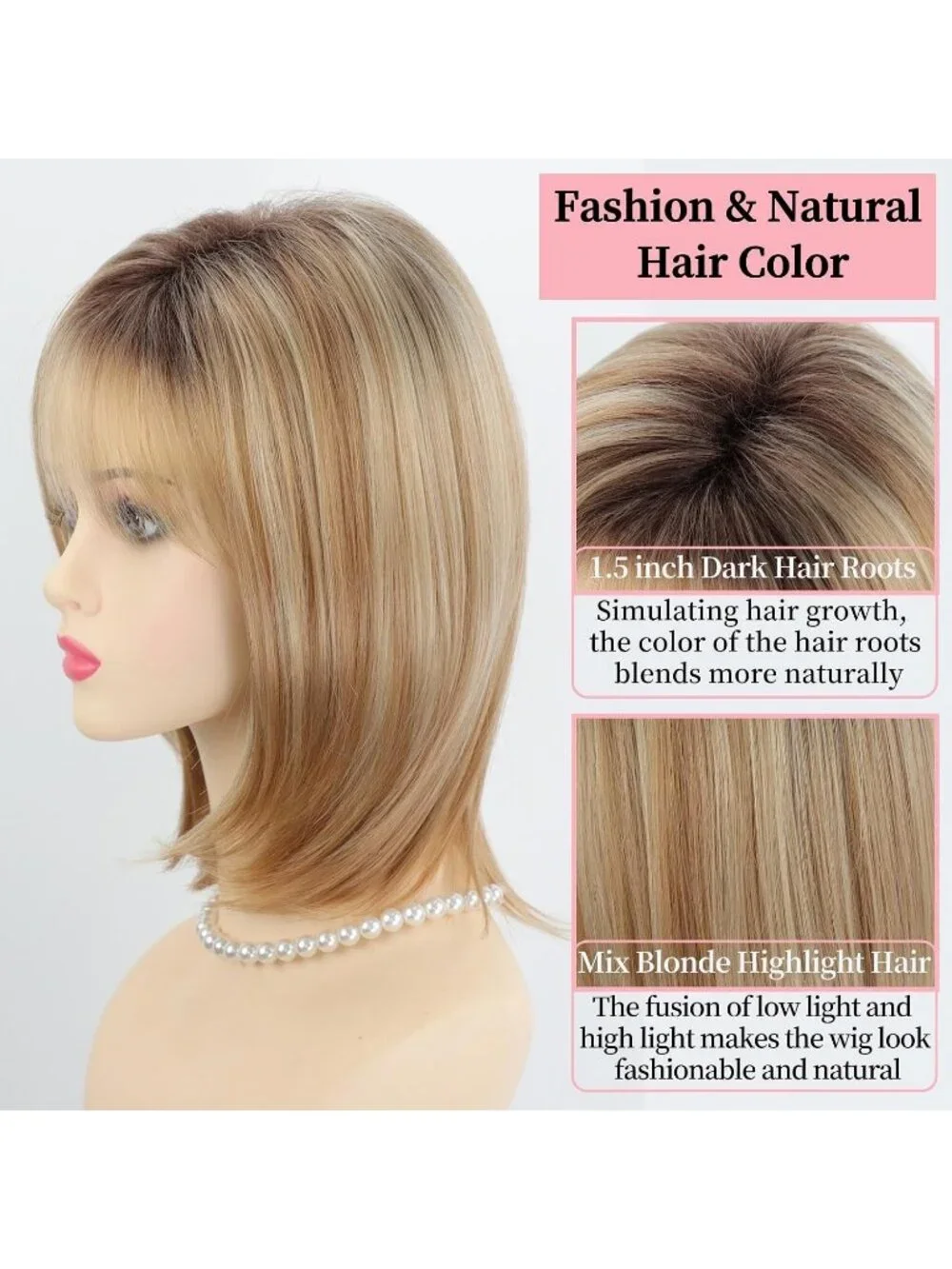 Women's Blonde Highlight 12 Inch Mid Length  Synthetic Straight Layered Bob Wigs